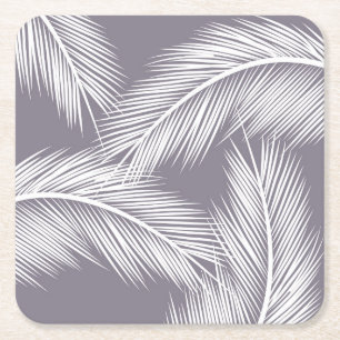 White palm leaves on purple colour background square paper coaster