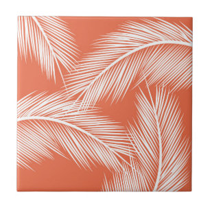 White palm leaves on salmon colour background ceramic tile