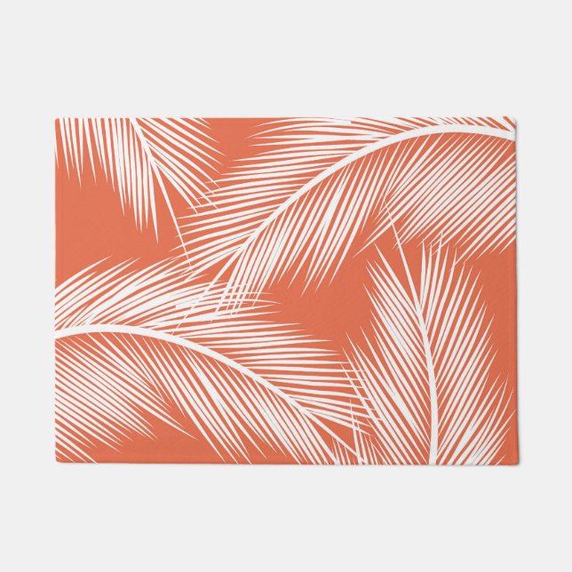 White palm leaves on salmon colour background doormat (Front)