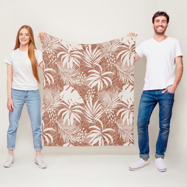 White Palm Leaves Rose Taupe  Fleece Blanket (In Situ)