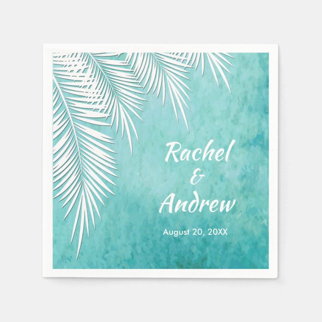 White Palm on Ocean Turquoise Blue Party Napkins (Front)