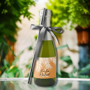 White Palm Tree Fronds on Tropical Orange Mini Sparkling Wine Label