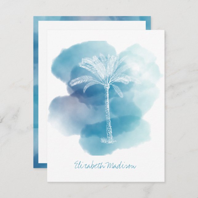 White Palm Tree on Blue Watercolor Personalised Card (Front/Back)