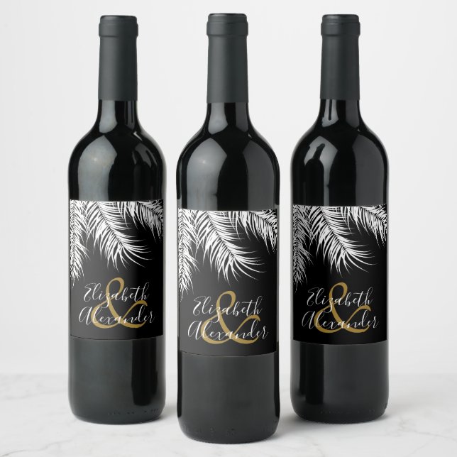 White Palms Fronds on Black Wine Label (Bottles)