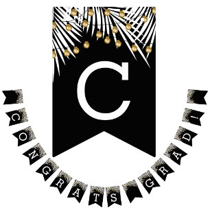 White Palms Gold Lights on Black Congrats Grad Bunting