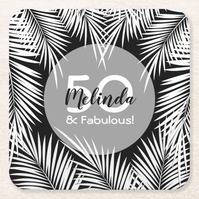 White Palms on Black Tropical Birthday Square Paper Coaster (Front)
