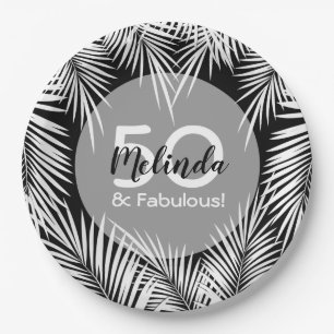 White Palms on Black Tropical Paper Plate