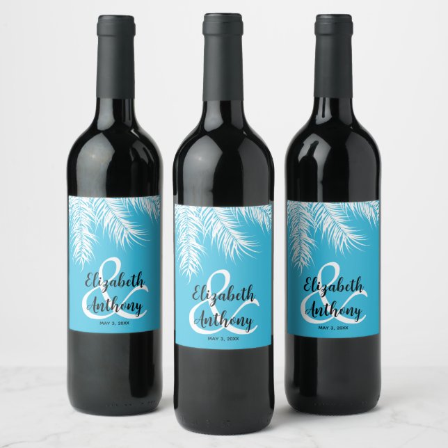 White Palms on Blue Background Wedding Wine Label (Bottles)