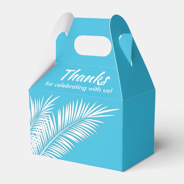 White Palms on Blue Gable Party Favour Boxes (Front Side)
