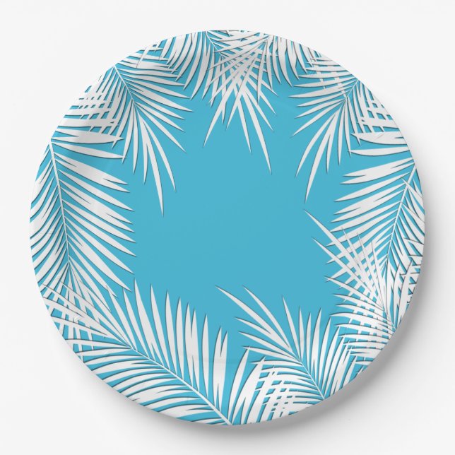 White Palms on Blue Tropical Theme Paper Plates (Front)