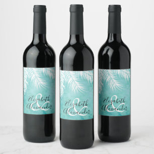 White Palms on Turquoise Wedding Personalised Wine Label