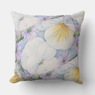 WHITE PANSIES AND PURPLE DAISIES FLOWER PATIO CUSHION