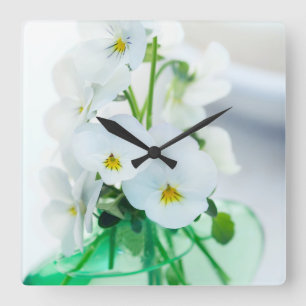 White Pansies Flowers Green Vase Floral Pansy Square Wall Clock