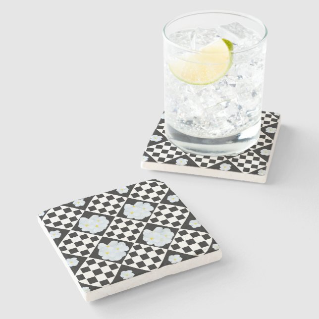 White Pansy And Black Diamond Pattern, Stone Coaster (Side)