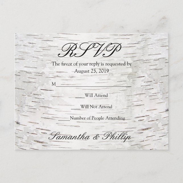 White Paper Birch Tree Bark Rustic Wood Wedding Invitation Postcard (Front)