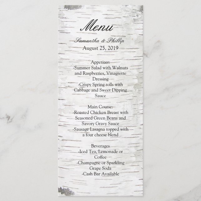 White Paper Birch Tree Bark Rustic Wood Wedding Menu (Front)