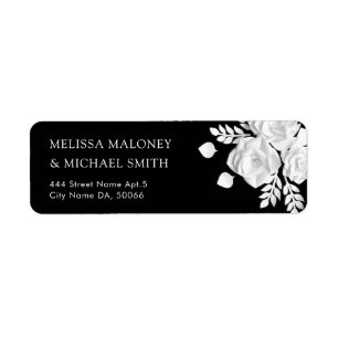 White Paper Cut Roses Black Wedding Return Address Label