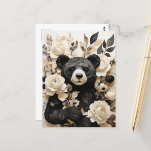 White Paper Roses & Black Bear Valentine Postcard