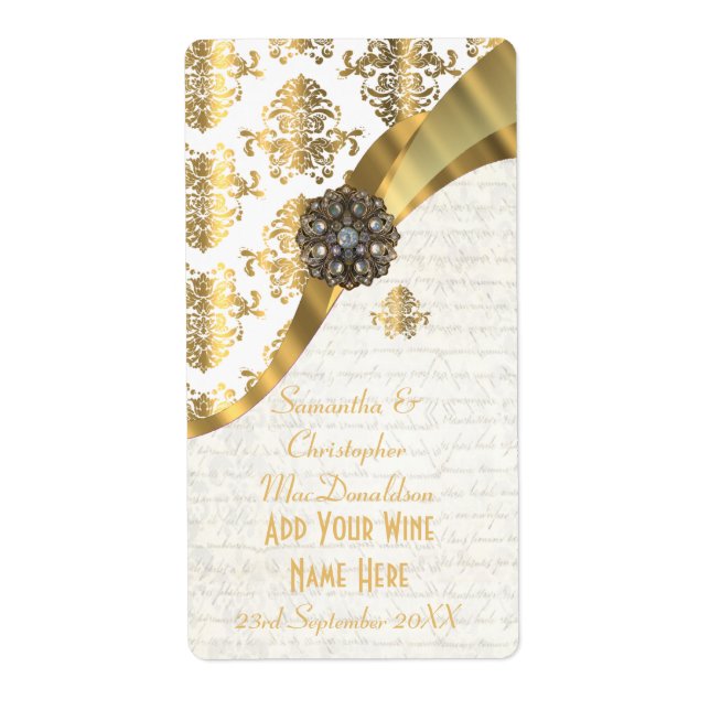 White parchment  gold damask wedding wine bottle (Front)