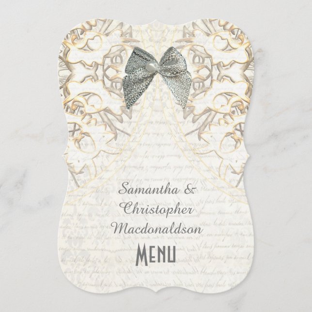 White parchment lace filigree damask wedding menu (Front)
