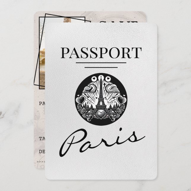 White Paris Passport Save The Date (Front/Back)