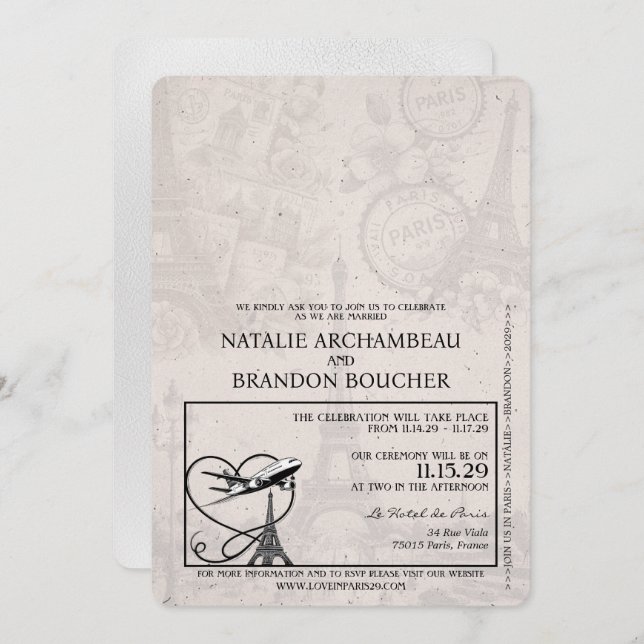 White Paris Passport Wedding Invitation (Front/Back)