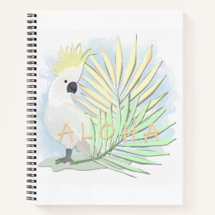 White parrot cockatoo in palm leaves. notebook