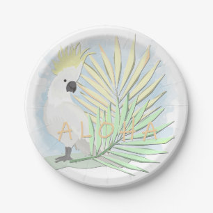 White parrot cockatoo in palm leaves. paper plate