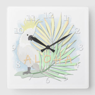 White parrot cockatoo in palm leaves. square wall clock