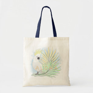 White parrot cockatoo in palm leaves. tote bag