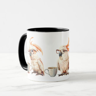 White parrot enjoying a cup of coffee.