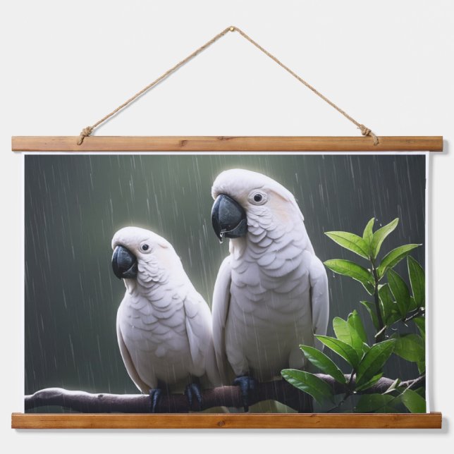 White Parrots Perched in Rain Hanging Tapestry (Front)