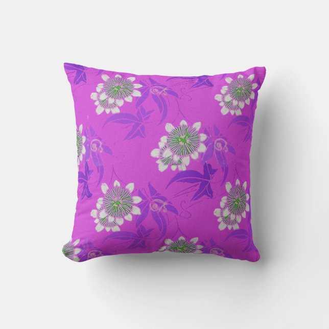 WHITE PASSION FLOWERS,BLUE LEAVES FUCHSIA PURPLE CUSHION (Front)