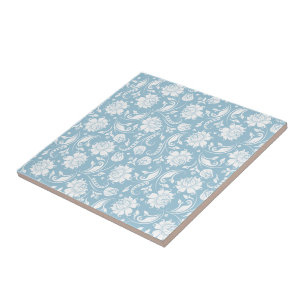 White & Pastel Blue Vintage Floral Damasks Ceramic Tile