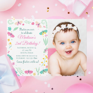 White Pastel Butterfly Girl Garden Photo Birthday  Invitation