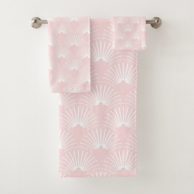 White & pastel pink art-deco pattern bath towel set (Insitu)