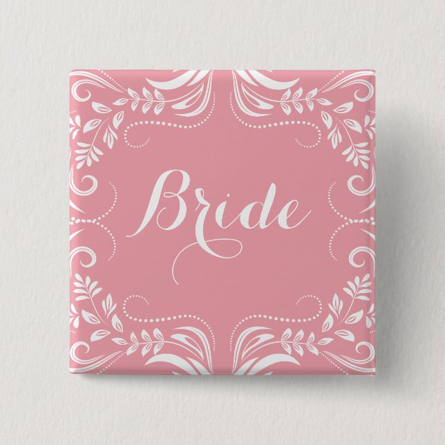 White & Pastel Pink Floral Frame Bride Button (Front)