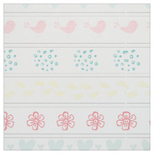 white pattern of birds, dots, footsteps, flowers, fabric
