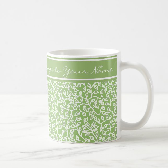 White Pattern of Leaves on Apple Green, Green Band Coffee Mug (Right)