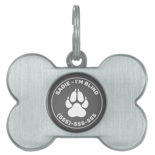White Paw On Grey With I'm Blind Text & Pet's Info Pet ID Tag (Front)