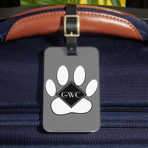 White Paw Print Custom Monogram Grey Luggage Tag