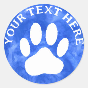 White Paw Print Custom Text Blue Watercolor Classic Round Sticker