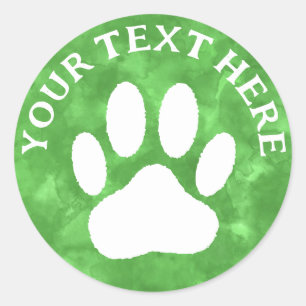 White Paw Print Custom Text Green Watercolor  Classic Round Sticker