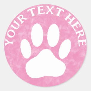 White Paw Print Custom Text Pink Pet Watercolor Classic Round Sticker