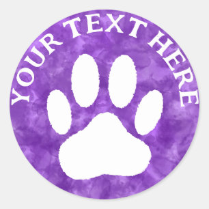 White Paw Print Custom Text Purple Watercolor Classic Round Sticker
