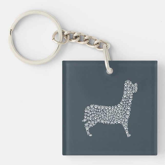 White Paw Print Dog Silhouette Pattern Fabric Key Ring (Front)