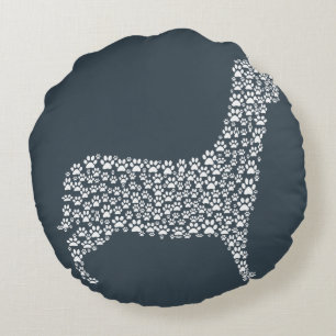 White Paw Print Dog Silhouette Pattern Fabric Round Cushion