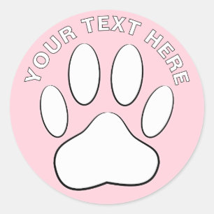 White Paw Print Drawing Custom Text Pastel Pink Classic Round Sticker