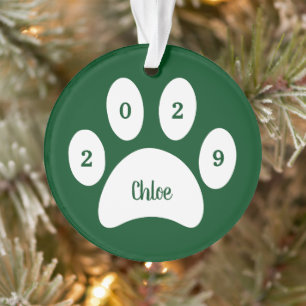 White Paw Print Green Cat Photo with Name Year Ornament