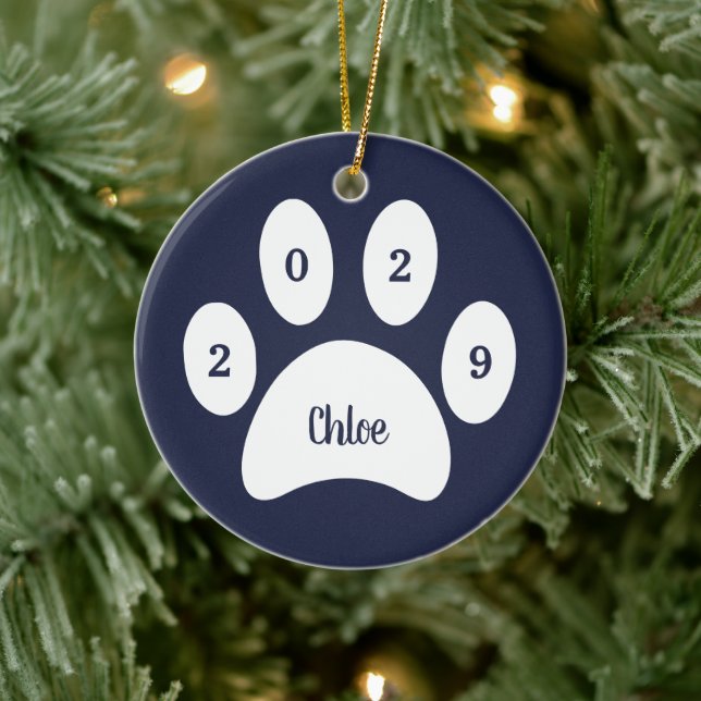 White Paw Print Navy Blue Cat Photo with Name Year Ceramic Ornament (Tree)